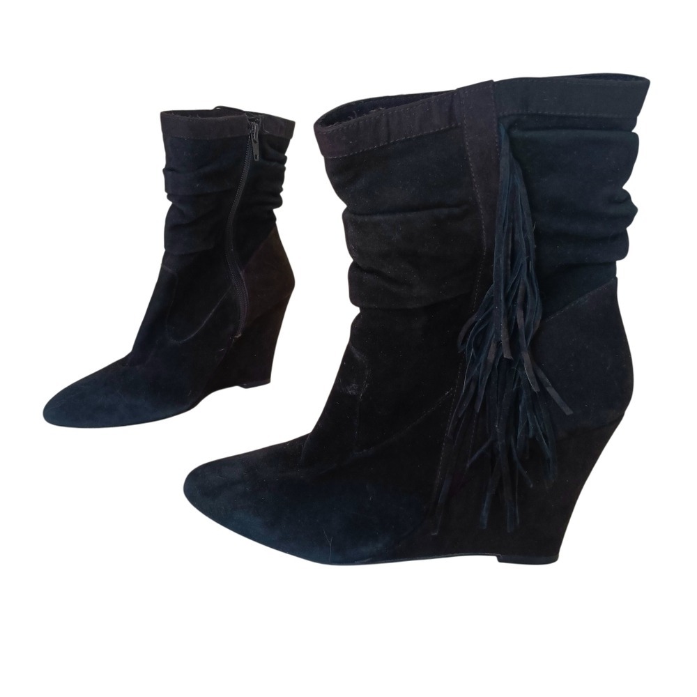 INC Everleigh Wedge Booties Women 7.5M Black Leather Fringe Slouchy Ankle Boots